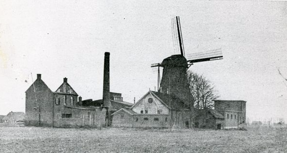 Molen van Berntsen in Azewijn met links de voormalige boterfabriek circa 1936 Links zie je de directeurs woning.png
